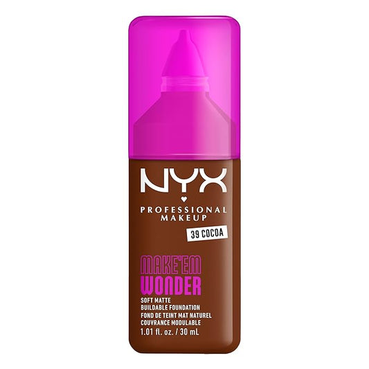 NYX PROFESSIONAL MAKEUP Make 'Em Wonder Liquid Foundation, 24HR Foundation Makeup With A Soft Matte Finish, Buildable Full Coverage - 39 Cocoa
