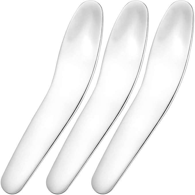 3pcs Mini Metal Makeup Spatula, Reusable Cosmetic Cream Spatulas Spoon, Skincare Scoop Applicator Facial Massage Beauty Tools for Mixing and Sampling Face Eye Cream- Silver