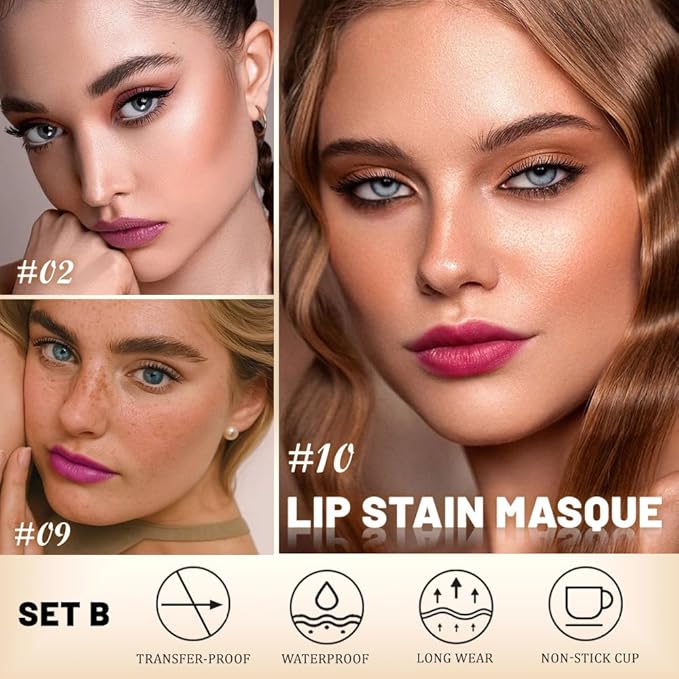 Kaely 3Pcs Lip Stain Peel Off Masque, Long Lasting Waterproof Smudge Proof Lip Tint, Non-Transfer Semi Permanent Lipliner Tattoo with Tweezer, Matte Finish, Vegan & Cruelty-Free, Set B-02+09+10