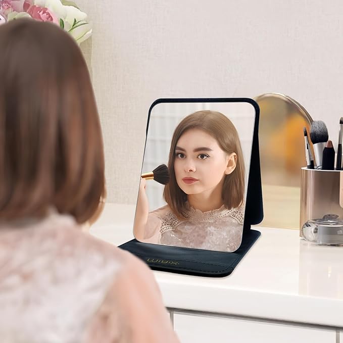 Foldable Travel Makeup Mirror, Adjustable Angle Portable Standing Vanity Mirror, Compact PU Leather Design for Home/Camping/Desktop Use,Classic Black (8.4"x6")