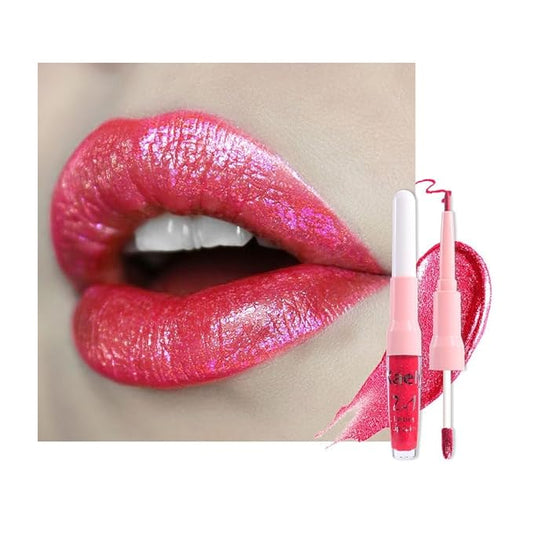evpct Crushed Ruby Red Metallic Glitter Lip Liner and Lipstick Combo Lip Gloss Stain Set Makeup for Women Long Lasting Waterproof 24, Red Frosted Metallic Shimmer Glossy iridescent Liquid Lipstick 18