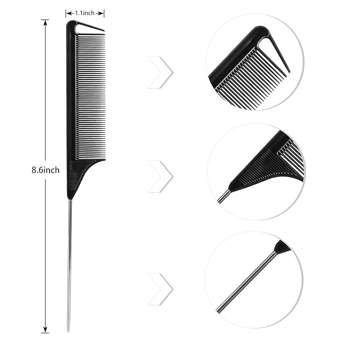 Rat Tail Combs Set: 3-Pack Teasing Styling Combs with Long Steel Pins for Women, Parting Combs for All Hair Types (Black)