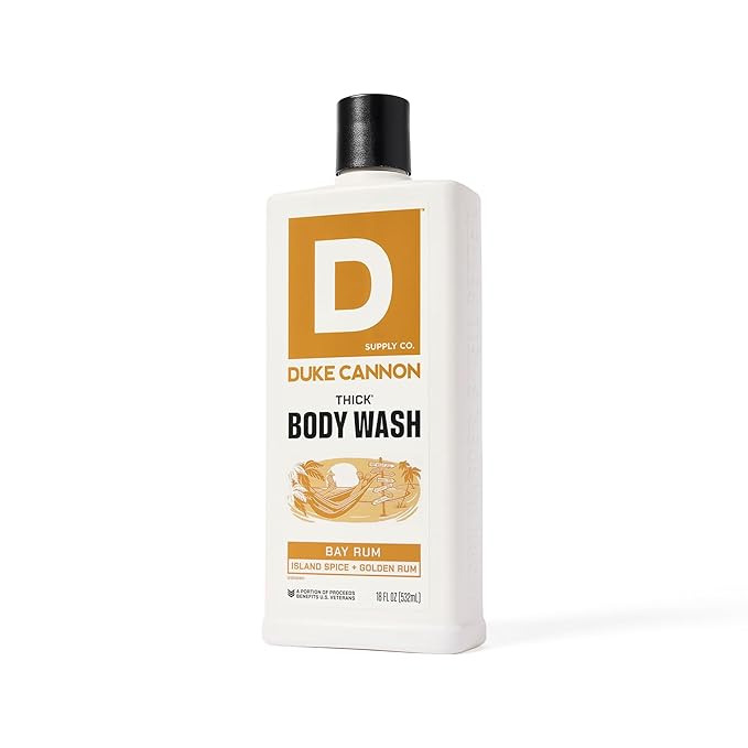 Duke Cannon Supply Co. Thick High Viscosity Body Wash - 3X Thicker, Cleansing Shower and Bath Gel, Mineral-Enriched Body Wash for Men - Island Spice And Golden Rum - Mens Body Scrub - Bay Rum (18 oz)