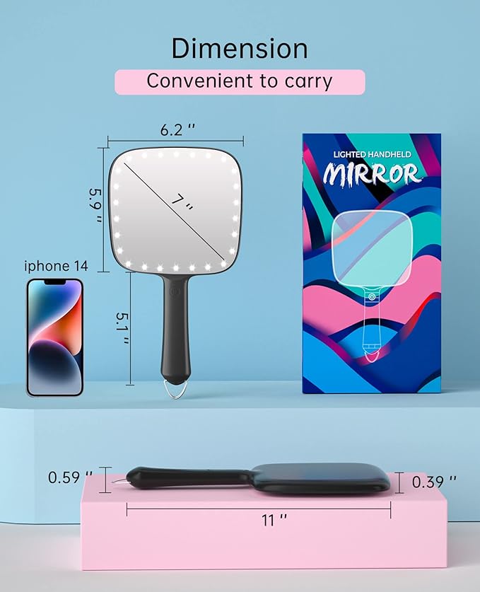 Famihomii Lighted Handheld Mirror, 6.2"x 5.9" Square Glass Frame with LED Beads, Battery Operated, Ideal for Haircut, Shaving, Makeup, and Wound Care