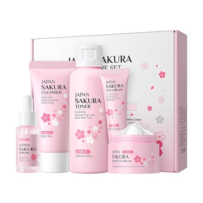 LAIKOU Skin Care Set, Facial Skin Care Products, Skin Care Kit with Sakura Serum, Cleanser, Toner, Eye Cream, Essence Cream 5pcs for Women Teen Girls Mom Daughter Lover Mother's Day Birthday Christmas