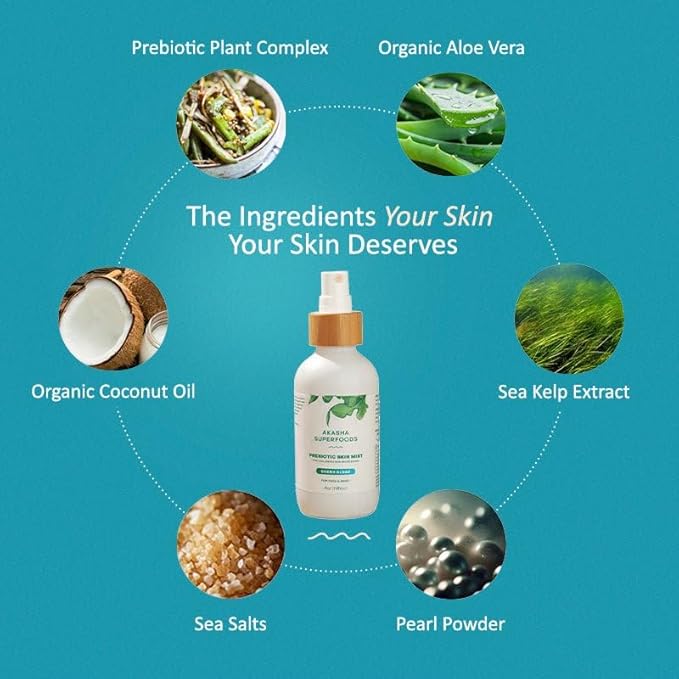 Akasha Prebiotic Skin Mist 3.4oz I Organic Facial Mist, Sea Kelp Extract, Face Spray for Naturally Restoring the Skins Microbiome, Dewy, Help Acne, Psoriasis & Sunburn*, Anti Aging Skin Care Products