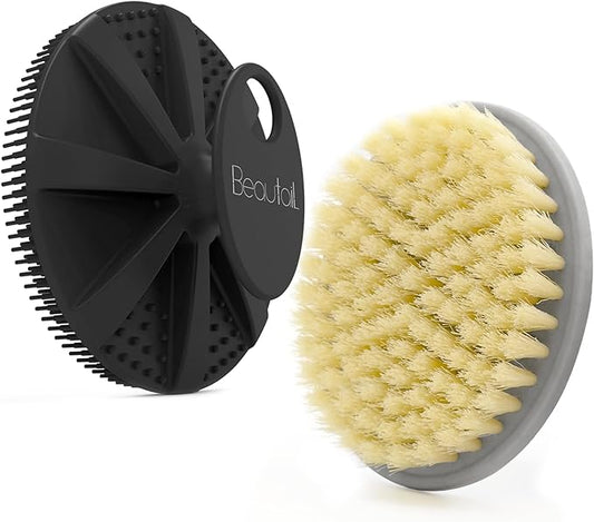 Body Scrubber 2 Pack, BEAUTAIL Shower Bath Brush, 1 Pack PP Body Brush Gray and 1 Pack Silicone Body Scrubber Black, Gentle Exfoliating for Women Men Baby Sensitive Skin