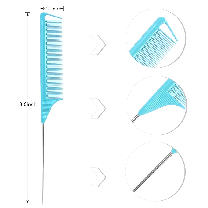 Long Steel Pin Rat Tail Combs Set: 3 Pieces Teasing Hair Combs for Salon Stylists - Includes Metal Parting Combs for Women (Blue)
