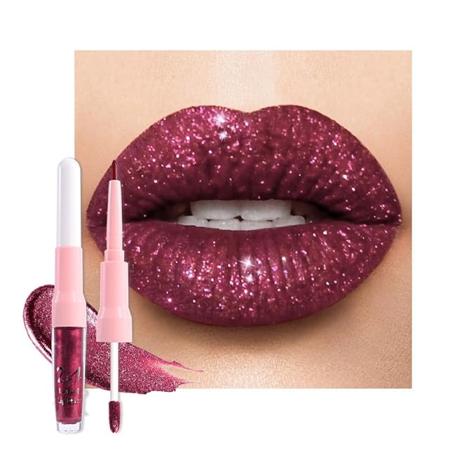 evpct Dark Purple Red Metallic Glitter Lip Liner and Lipstick Combo Lip Gloss Stain Set Makeup for Women Long Lasting Waterproof 24, Non Stick Cup Metal Shine Shimmer Iridescent Liquid Lipstick 26