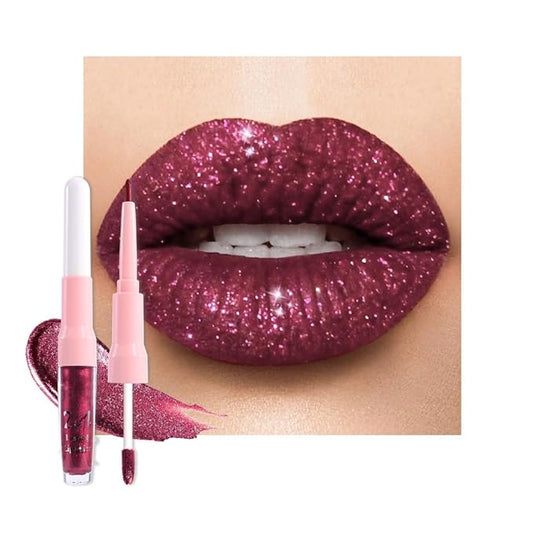 evpct Dark Purple Red Metallic Glitter Lip Liner and Lipstick Combo Lip Gloss Stain Set Makeup for Women Long Lasting Waterproof 24, Non Stick Cup Metal Shine Shimmer Iridescent Liquid Lipstick 26