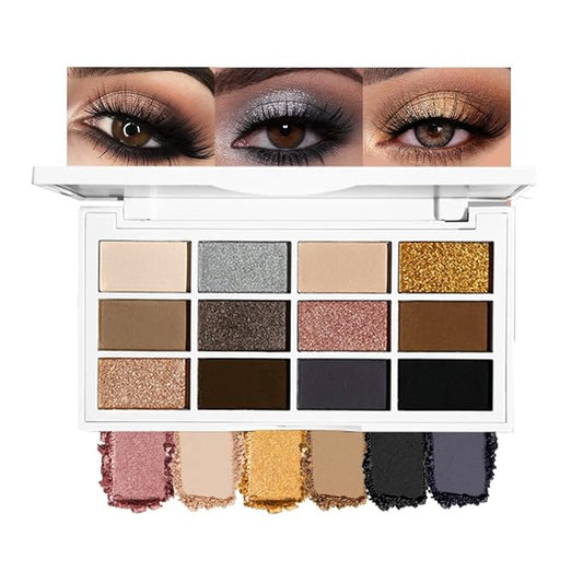 evpct 12 Colors Matte Shimmer Pressed Eye Shadow Palette Makeup for Women, Beige Light Neutral Nude Brown Cocoa Taupe Black Smoky, Silver Bronze Gold Rose Champagne Shimmer, Eyeshadow Contour Palette