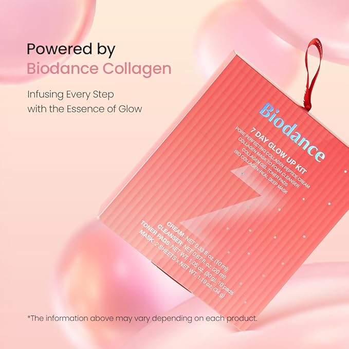 BIODANCE 7 Day Glow Up Kit: Collagen Gift Set for Glass-Skin, Korean Skin Care with Mask to Foam Cleanser, Toner Pads, Moisturizer, Gel Masks, Valentines Day Gifts for Her, Skin Care Set