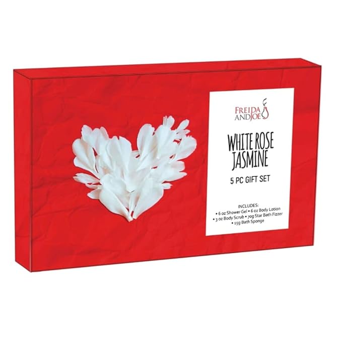 Freida & Joe Fragrance Bath & Body Collection Gift Box, Includes Shower Gel, Body Lotion, Body Scrub, Bath Bomb & Sponge (White Rose Jasmine)