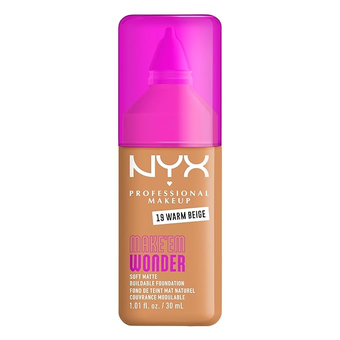 NYX PROFESSIONAL MAKEUP Make 'Em Wonder Liquid Foundation, 24HR Foundation Makeup With A Soft Matte Finish, Buildable Full Coverage - 19 Warm Beige