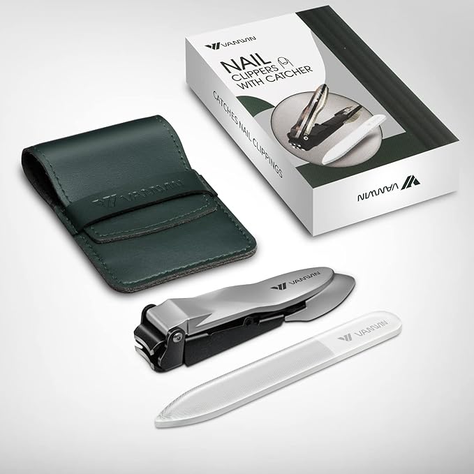 Nail Clippers with Catcher, No Splash Fingernail Toenail Clippers with Sharp Curved Blade and Glass Nail File, Wide Jaw Opening Stainless Steel Nail Cutter Trimmer for Seniors Adult Men Women
