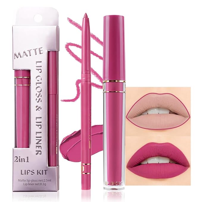 evpct 2Pcs Rose Matte Lip Liner and Lipstick Gloss Stains Makeup Set Kit for Women Long Lasting Waterproof 24, Rose Red Matte Lipstick Kit with Lip Liner, 24 Hour Lipsticks Pencils