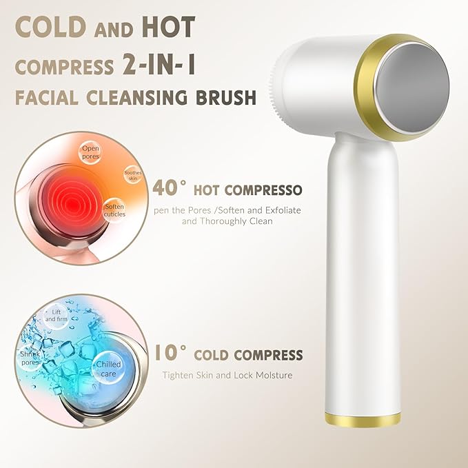 Landmore Facial Cleansing Brush, 8 in 1 Spin Face Wash Brush Rechargable Waterproof Face Scrubber with 6 Brush Heads, 3 Speeds for Deep Cleansing, Exfoliator, Thermal & Cold Massager Skin Care, White