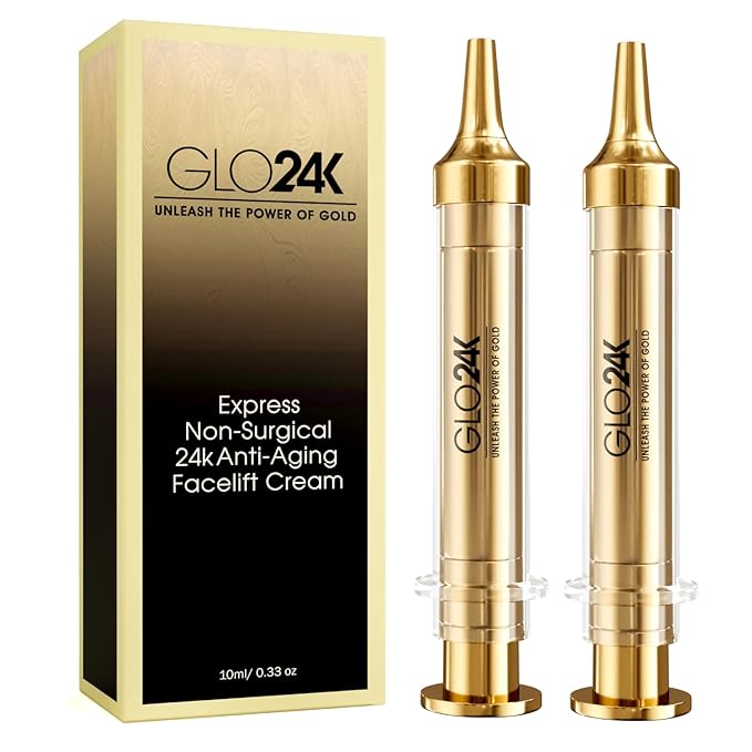 GLO24K Instant Facelift Cream with 24k Gold, Hyaluronic Acid, Peptides, and Vitamins. Value Pack of 2. A powerful non-invasive alternative to injections.
