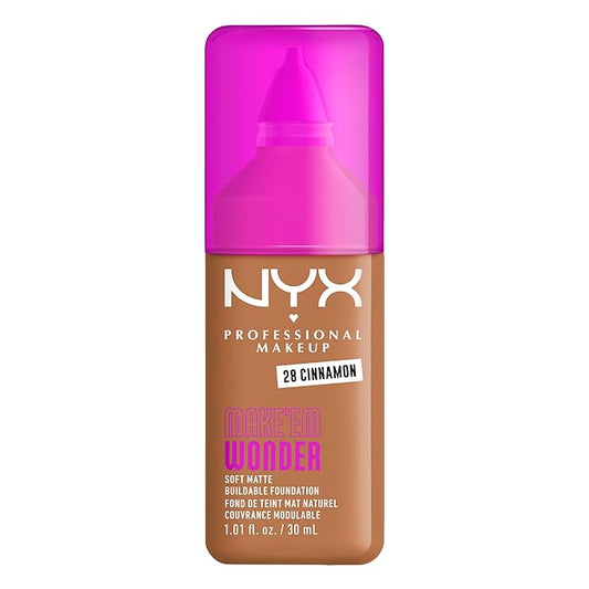 NYX PROFESSIONAL MAKEUP Make 'Em Wonder Liquid Foundation, 24HR Foundation Makeup With A Soft Matte Finish, Buildable Full Coverage - 28 Cinnamon