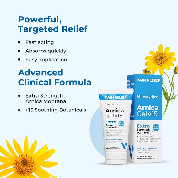 VitaMedica Arnica Gel Plus 15 Healing Plant Compounds, Extra Strength Pain Relief Formulation for Bruising, Swelling, Joint Pain, Muscle Soreness & Stiffness, All-Natural, Plant-Based, 2-Pack