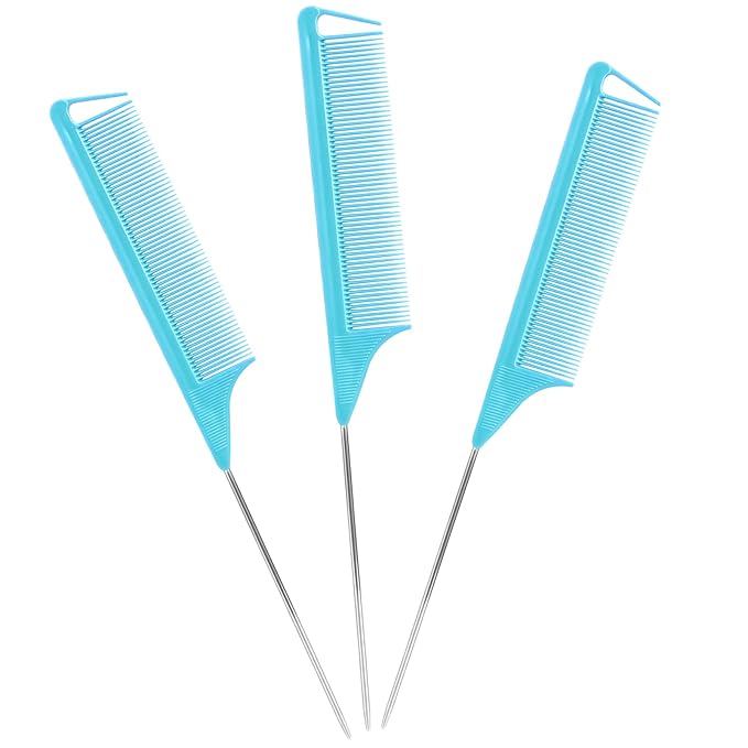Long Steel Pin Rat Tail Combs Set: 3 Pieces Teasing Hair Combs for Salon Stylists - Includes Metal Parting Combs for Women (Blue)