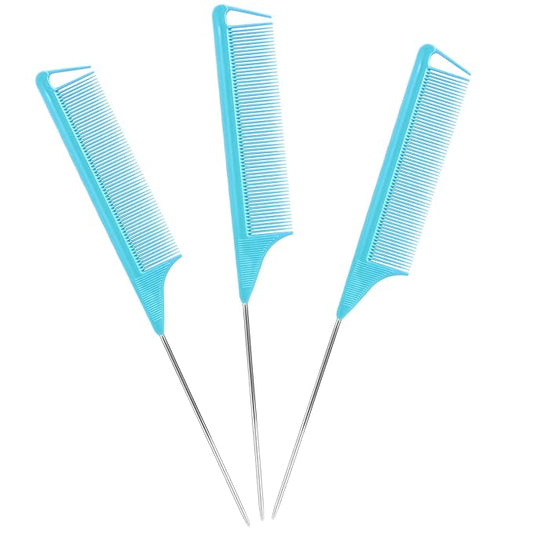 Long Steel Pin Rat Tail Combs Set: 3 Pieces Teasing Hair Combs for Salon Stylists - Includes Metal Parting Combs for Women (Blue)