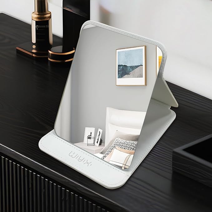 Foldable Travel Makeup Mirror, Adjustable Angle Portable Standing Vanity Mirror, Compact PU Leather Design for Home/Camping/Desktop Use,Elegant White(8.4"x6")