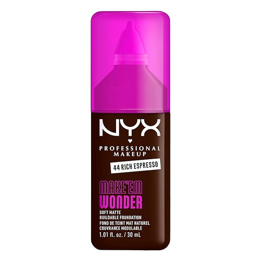 NYX PROFESSIONAL MAKEUP Make 'Em Wonder Liquid Foundation, 24HR Foundation Makeup With A Soft Matte Finish, Buildable Full Coverage - 44 Rich Espresso