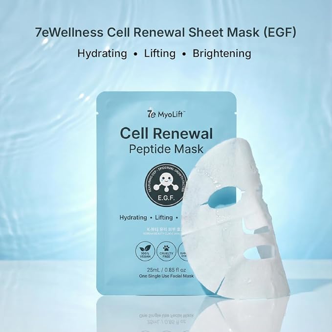 MYOLIFT Cell Renewal Peptide Mask(EGF)– 100%Vegan, Bio-Cellulose FaceMask for CellRenewal, Skin Firming, Hydrating & Brightening-with Niacinamide, Hyaluronic Acid& EGF|Korean Skincare Sheet Mask–Pack2