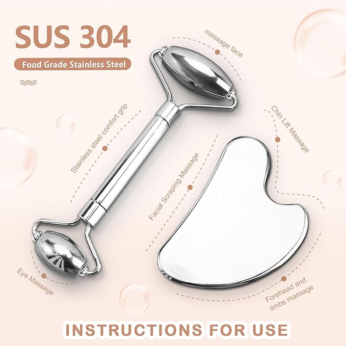 Stainless Steel Facial Roller & Gua Sha - Metallic Gua Sha, Gua Sha Facial Tools 304 Stainless Steel, Face Body Treatment, Reduce Puffiness, Lymphatic Drainage, Facial Tension