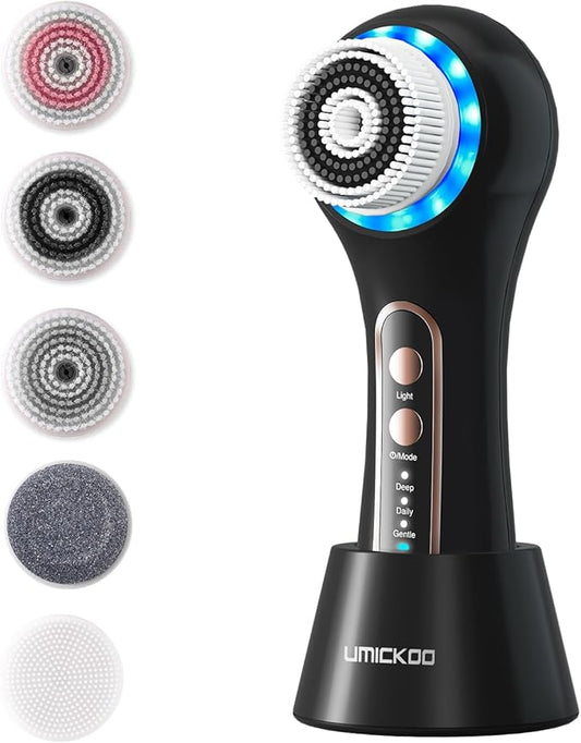Face Scrubber Exfoliator,Facial Cleansing Brush Rechargeable IPX7 Waterproof with 5 Brush Heads,Electric Face Spin Brush for Exfoliating, Massaging and Deep Cleansing (Black+Gold)