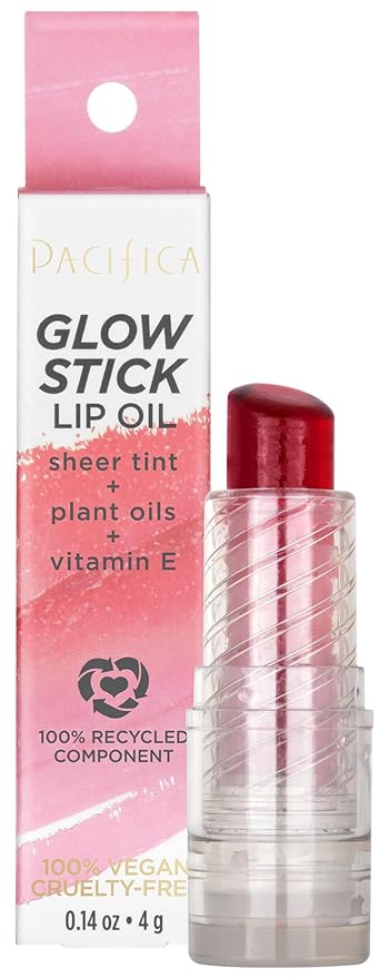 Pacifica Glow Stick Lip Oil Rosy Glow Sheer Rose Hydrating Lip Tint Balm, Moisturizing Glossy Oil for Dry Lips, Vitamin E Enriched, Non-Sticky Natural Shine, Vegan & Cruelty-Free Clean Beauty .14 oz