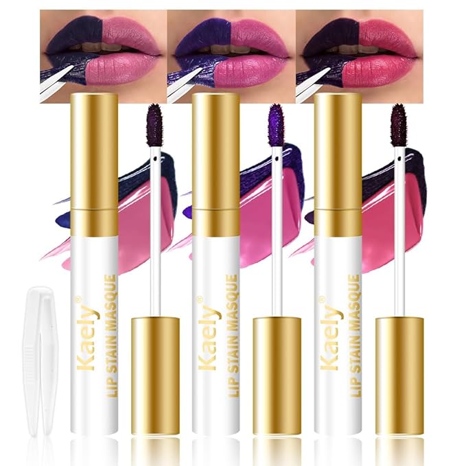 Kaely 3Pcs Lip Stain Peel Off Masque, Long Lasting Waterproof Smudge Proof Lip Tint, Non-Transfer Semi Permanent Lipliner Tattoo with Tweezer, Matte Finish, Vegan & Cruelty-Free, Set B-02+09+10