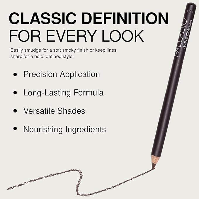 Palladio Wooden Eyeliner Pencil, Thin Pencil Shape, Easy Application, Firm yet Smooth Formula, Perfectly Outlined Eyes, Contour and Line, Long Lasting, Rich Pigment, Dark Brown