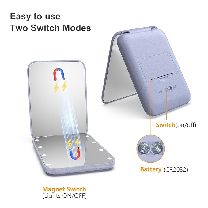 Kintion Wheat Straw Pocket Mirror, 1X/3X Magnification Travel Mirror for Purse, Folding Handheld Mirror, Small Lighted Compact Mirror for Gift, Purple