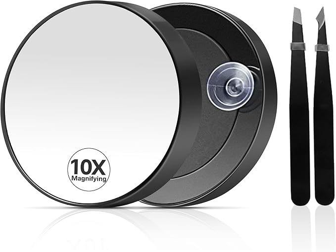 10x Magnifying Mirror, Makeup Mirror with Suction Cup, Magnifying Mirrors with 2 Tweezers, Stick on Bathroom Mirror for Portable Eyebrow Plucking, Suitable for Makeup
