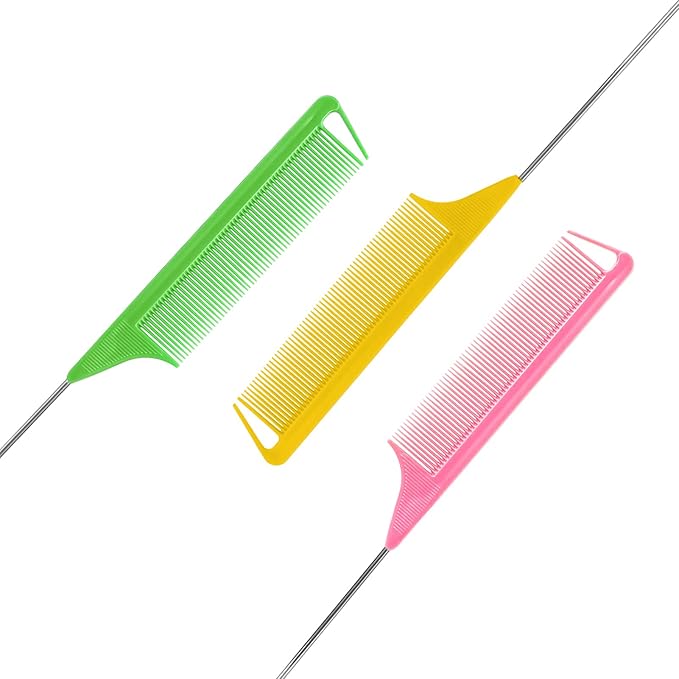 Rat Tail Combs Set: 3Pcs Long Steel Pin Teasing Combs for Salon Hair Stylists, Metal Parting Comb for Women(Green，Yellow，Pink)