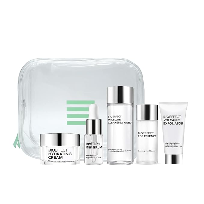 Bioeffect EGF Skincare Set of 5 Deluxe Samples, On the Go Kit to Experience a Hydrating, Anti-Aging Barley Growth Factor Daily Regimen to Cleanse, Exfoliate, Moisturizer, Renew & Restore