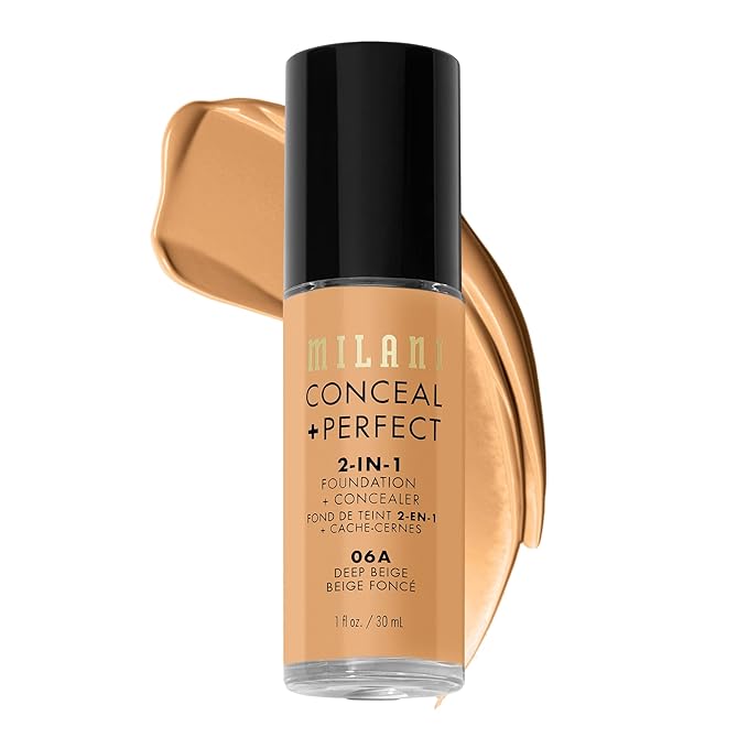 Milani Conceal + Perfect 2-in-1 Foundation + Concealer for a Flawless Complexion, Under Eye Corrector, Cover Redness and Imperfections, Waterproof and Sweatproof - Deep Beige