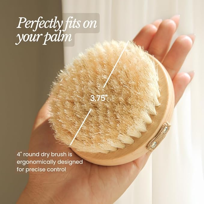 Bare Botanics Dry Body Brush for Lymphatic Drainage - Improve Circulation w/Gentle Exfoliation for Soft Skin - Ergonomically Designed w/Elastic Strap - Soft but Firm Natural Boar Bristles
