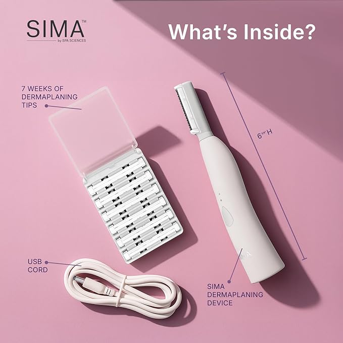 SPA SCIENCES - SIMA Patented Dermaplane Razor for Women Face – Painless 2-in-1 Facial Exfoliation & Peach Fuzz Hair Removal – Anti-Aging – 3 Speeds – Rechargeable – 7 Weeks Treatment