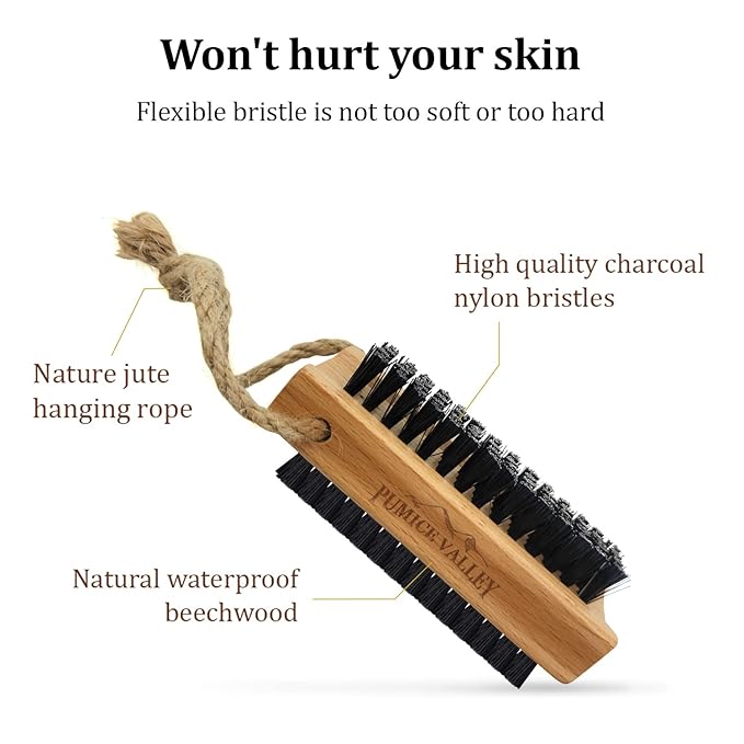 Wooden Cleaning Finger Nail Brush with Nylon Charcoal Bristles & Hanging Rope - Double-Sided Fingernail Brush for Scrubbing Fingernails and Toes (Beechwood)