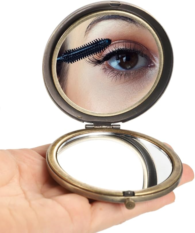 Baluue Retro Metal Compact Mirror, Zinc Alloy Foldable and Portable Travel Rhinestones Makeup Mirror Double Sided for Cosmetic, Bronze, Random Style