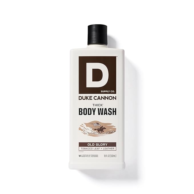 Duke Cannon Supply Co. Thick High Viscosity Body Wash – 3X Thicker, Cleansing Shower and Bath Gel, Mineral-Enriched for Men – Tobacco Leaf + Leather - Men’s Body Scrub – Old Glory Scent