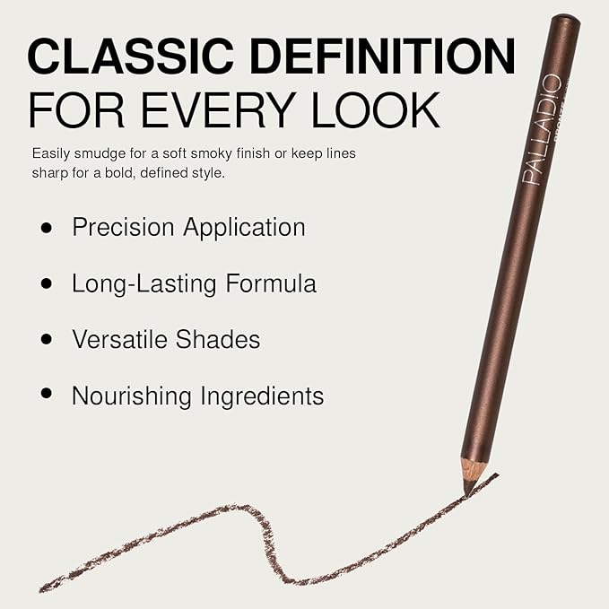 Palladio Wooden Eyeliner Pencil, Thin Pencil Shape, Easy Application, Firm yet Smooth Formula, Perfectly Outlined Eyes, Contour and Line, Long Lasting, Rich Pigment, Bronze