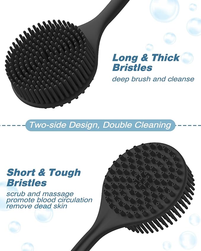 Manmihealth Silicone Back Scrubber & Soft Bath Glove Set 4 PCS(Thick Bristles), Super-Exfoliating Body Scrubber & Super-Lathering Shower Brush Combination, with 2 Free Hooks (Black)