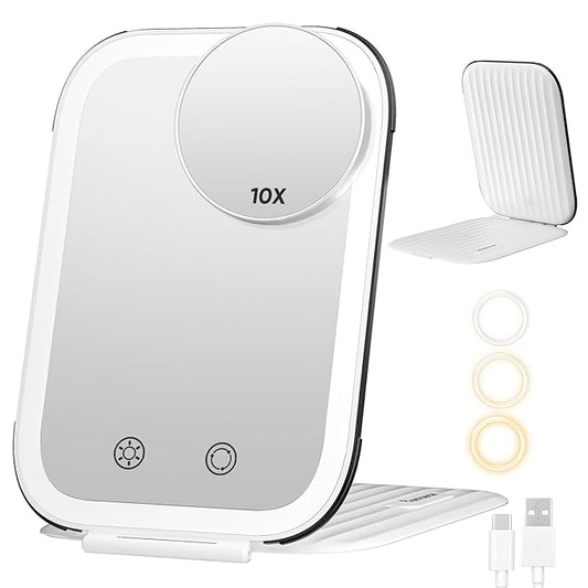 FUNTOUCH Rechargeable Travel Makeup Mirror with Lights and Small 10X Magnification,Light up Portable Vanity Mirror with 80 Leds,2000mAh Battery,Brightness Adjustable,3 Lighting, Dimming Compact Mirror