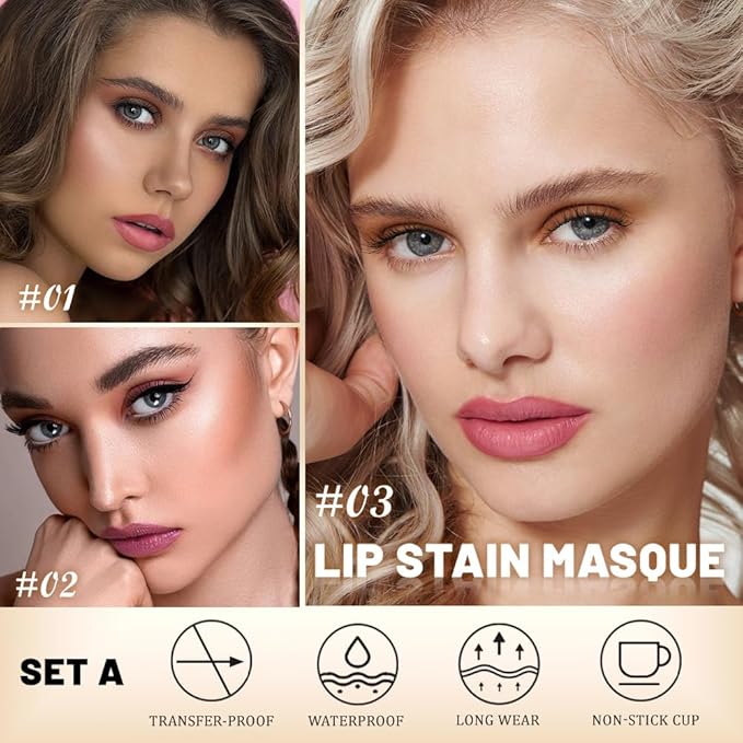 Kaely 3Pcs Lip Stain Peel Off Masque, Long Lasting Waterproof Smudge Proof Lip Tint, Non-Transfer Semi Permanent Lipliner Tattoo with Tweezer, Matte Finish, Vegan & Cruelty-Free, Set A-01+02+03