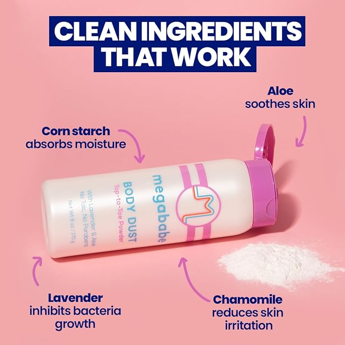 Megababe Sweat Absorbing Body Powder - Body Dust | with Lavender & Aloe | Talc-Free, All Natural | 6 oz