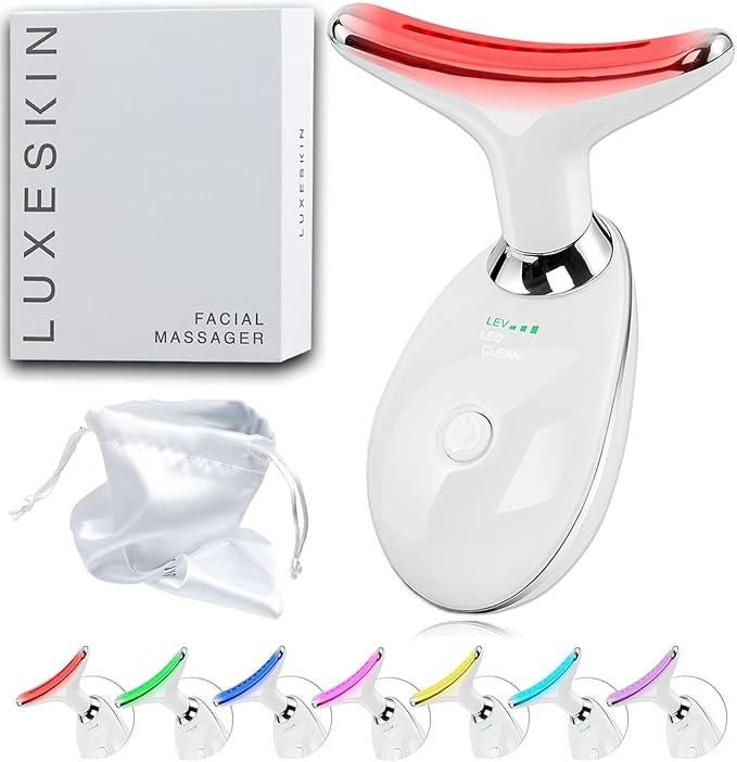 LuxeSkin 7 Color LED Red Light Therapy Facial Massager for Face and Neck, Electric Facial Tool for Skin Care with Vibration, Warm Mode & Travel Bag